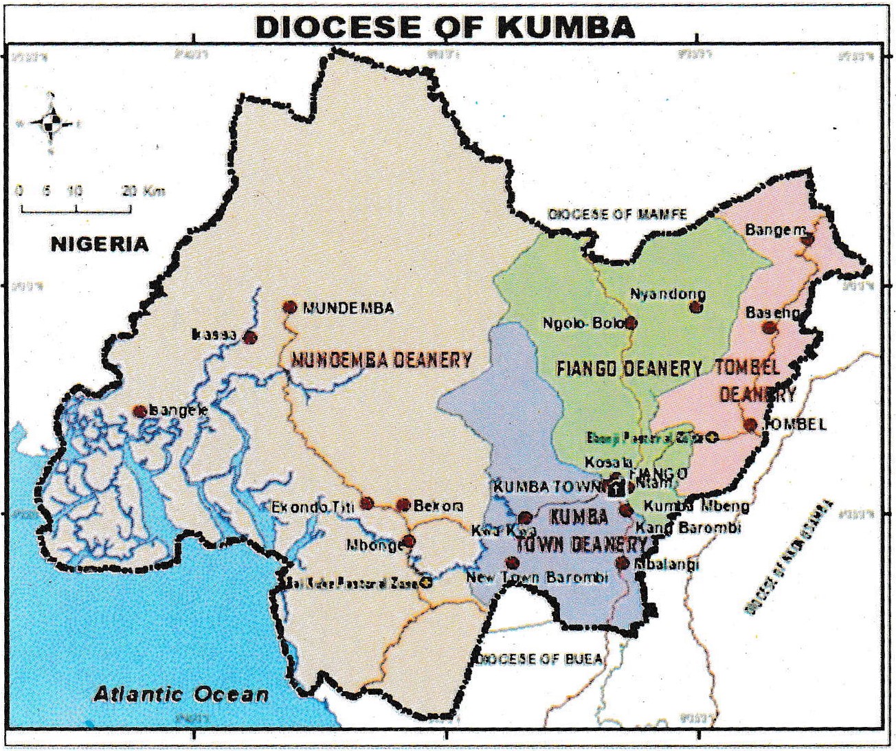 Map of the Diocese of Kumba showing the Fiango, Kumba Town, Tombel and Mundemba deaneries and the neighbouring dioceses of Mamfe, Buea and Nkongsamba